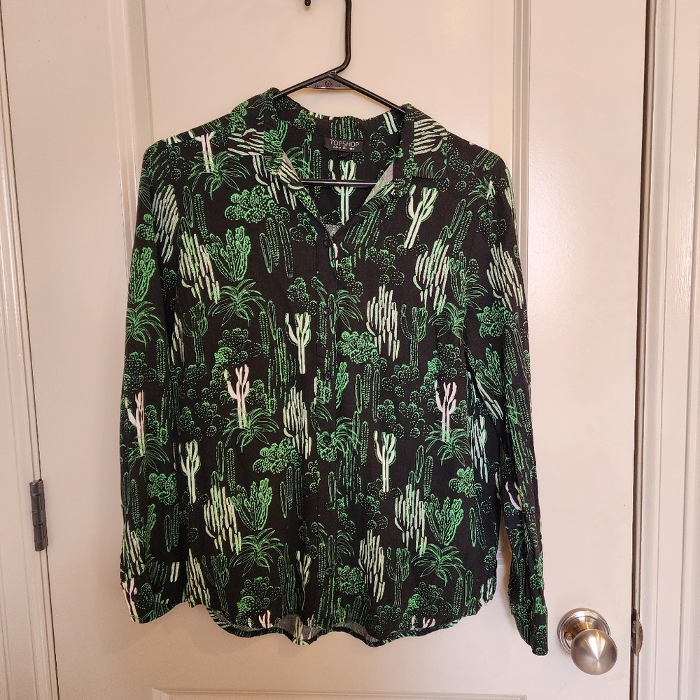 Topshop Green and Black Cactus Print Blouse